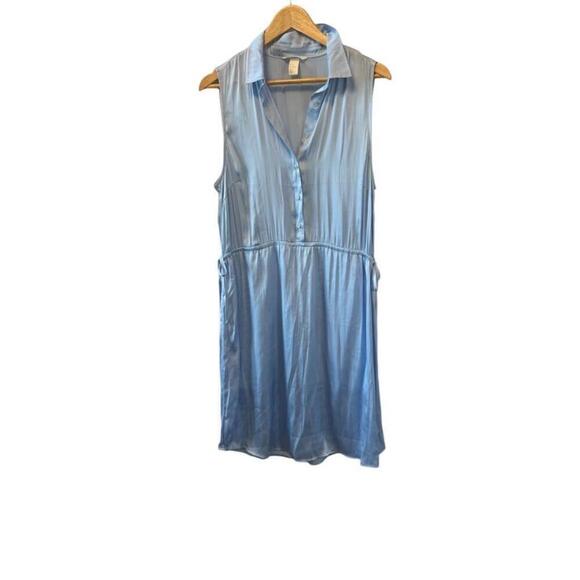 H&M Blue Satin Cinch Waist Button Top Sleeveless Collared Lightweight Dress 12 - Picture 1 of 11